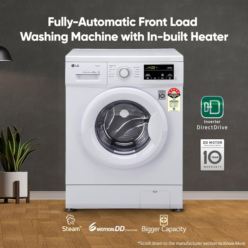 LG 8 Kg, 5 Star, Direct Drive Technology, Steam Wash, 6 motion DD, Smart Diagnosis, Fully Automatic Front Load Washing Machine (FHM1408BDW, Allergy Care, In-Built Heater, Touch Panel, White)