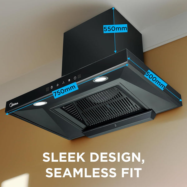 Midea 75 cm 1400 m3/hr Filter-less, Autoclean, Motion Sensor, T Shape kitchen Chimney with 2 Yrs Product and 10 Yrs Motor Warranty, Free Installation Kit (Falcon Auto Clean), Black