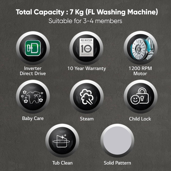 LG 7 Kg 5 Star Inverter Touch Panel Fully-Automatic Front Load Washing Machine with In-Built Heater (FHM1207SDW, White, 6 Motion Direct Drive, 1200 RPM & Steam)