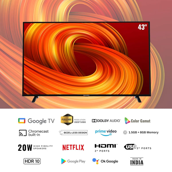 Salora 109 cm (43 inches) FHD Smart LED Google TV | SLV-4431 GTV (Black)| Brand New Seal Packed