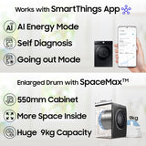 Samsung 9 kg, 5 star, AI EcoBubble, Super Speed, Wi-Fi, Hygiene Steam with Inbuilt Heater, Digital Inverter, Fully-Automatic Front Load Washing Machine (WW90DG5U24AXTL, Inox)