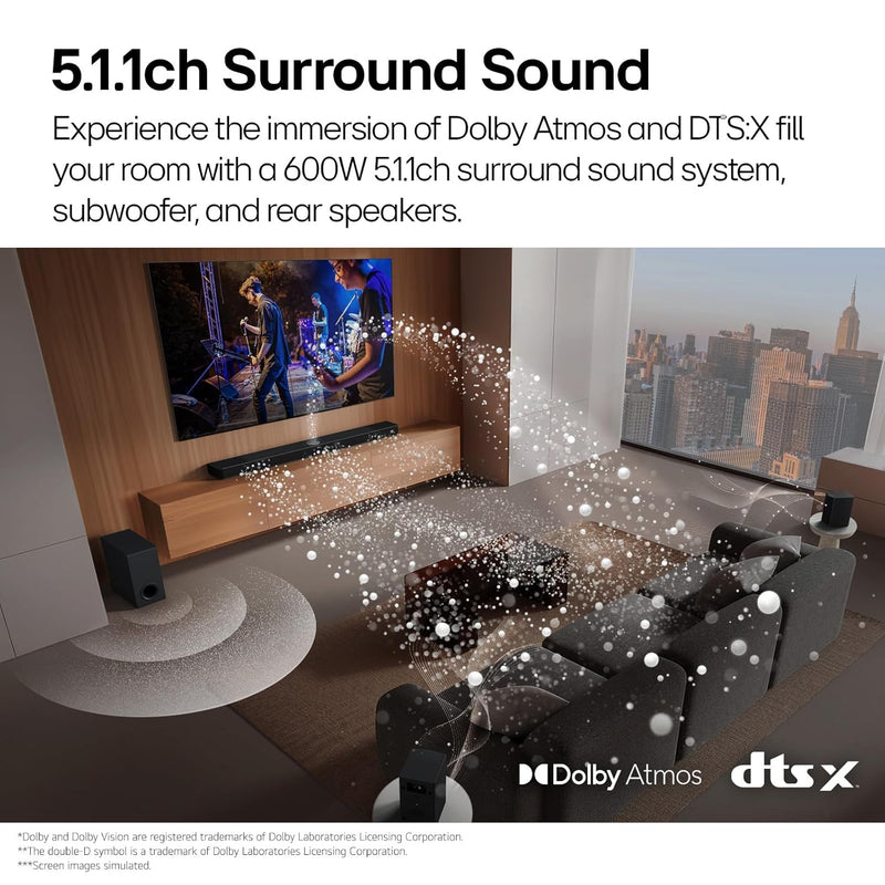 LG SQ75TR, 600W, 5.1.1Ch Home Theater Soundbar with Dolby Atmos, Center Up-Firing Speaker, AI Sound Pro, Wow Synergy, Wireless Subwoofer, Rear Speaker Inbuilt Receiver, QNED Matching Bracket Inside