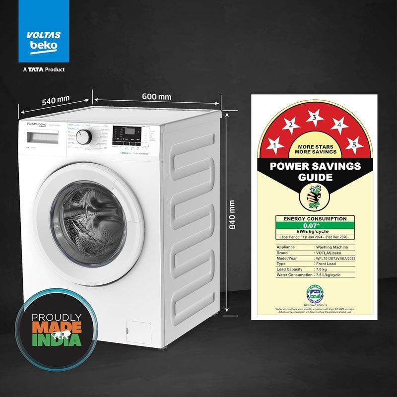 Voltas Beko, A Tata Product 7 Kg 5 Star Inverter, Quick 14-Min Wash Fully Automatic Front Load Washing Machine (WFL7012B7JVBKA/WXV, White, Inbuilt Heater/Hygiene Steam/Digital Display)