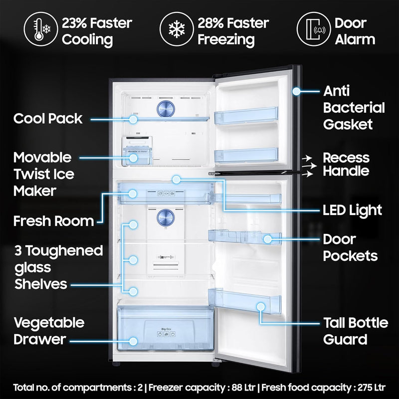 Samsung 363 L, 3 Star, Convertible 5-in-1 Digital Inverter with Display Frost Free Double Door Refrigerator (RT39C553EBX/HL, Luxe Black, 2024 Model)