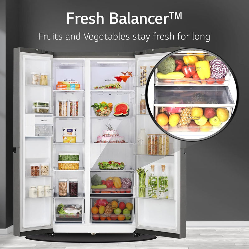 LG 655 L Frost Free Side by Side Refrigerator with Smart Inverter Compressor, Express Freeze & Multi Air-Flow (Dazzle Steel, GL-B257HDSY)