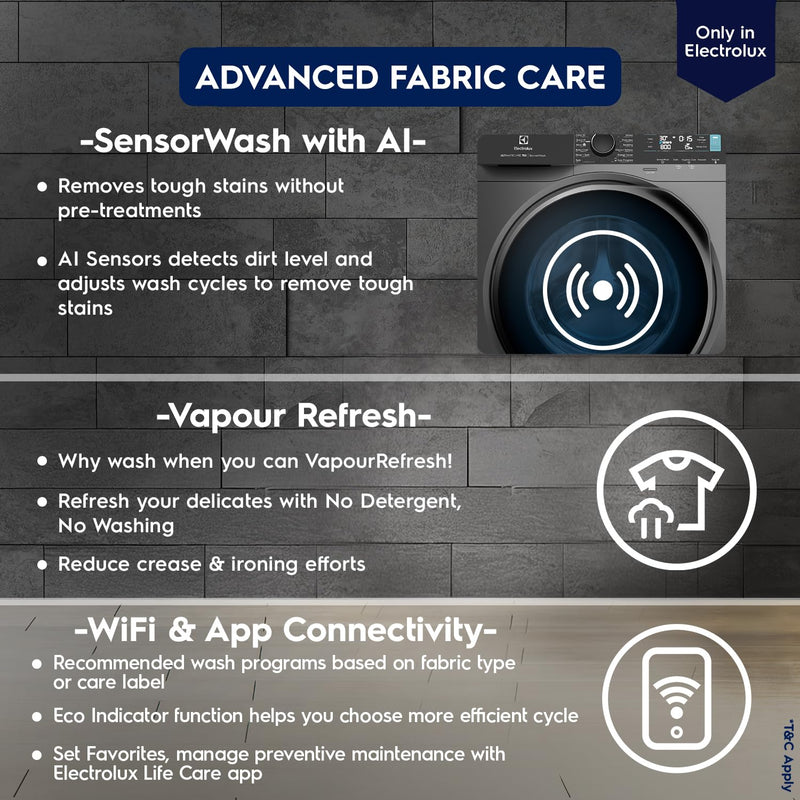 Electrolux 11kg 5 Star Fully Automatic Front Load Washing Machine with AI SensorWash, WiFi, Full Load Vapour Wash, EcoInverter, Dark Silver, UltimateCare 700, EWF1142R7SB