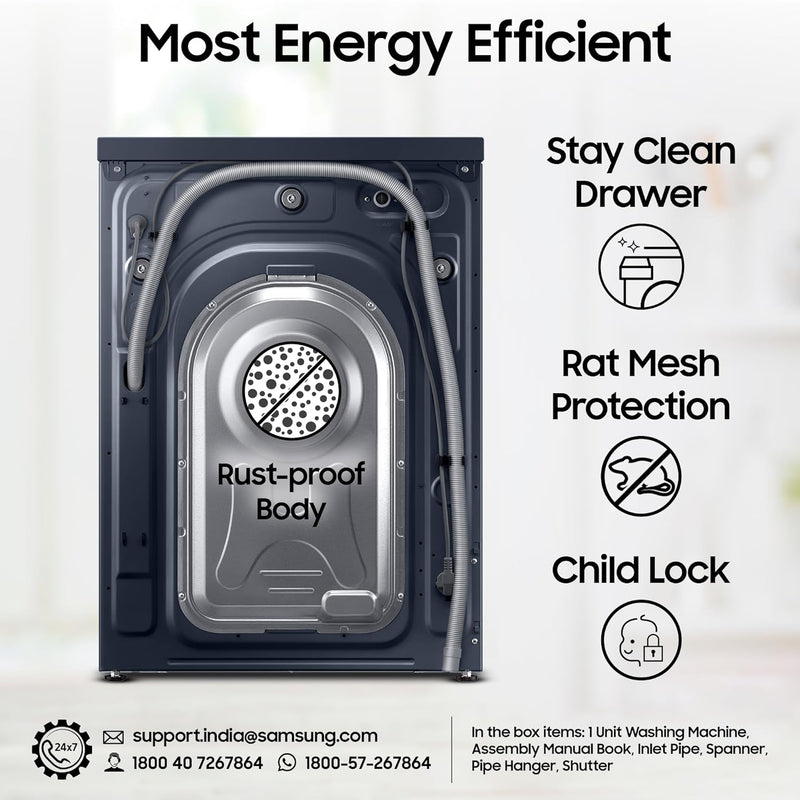 Samsung Smart Choice 9 kg, 5 Star, AI Control, AI Ecobubble, Super Speed, Wi-Fi, Hygiene Steam with Inbuilt Heater, Digital Inverter, Fully-Automatic Front Load Washing Machine (WW90DG6U24ASTL, NAVY)