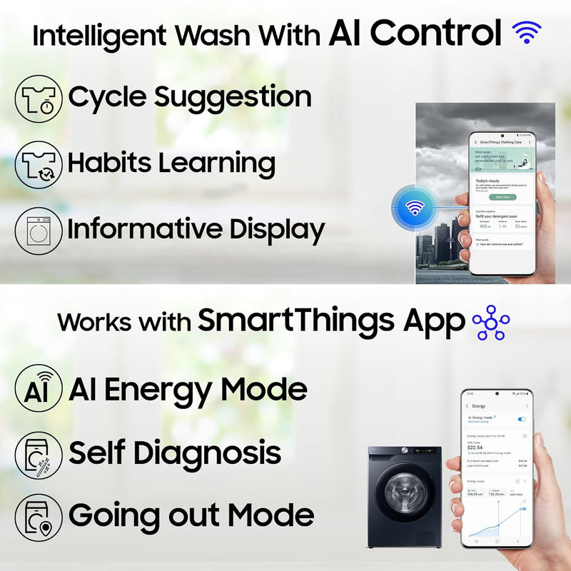 Samsung Smart Choice 9 kg, 5 Star, AI Control, AI Ecobubble, Super Speed, Wi-Fi, Hygiene Steam with Inbuilt Heater, Digital Inverter, Fully-Automatic Front Load Washing Machine (WW90DG6U24ASTL, NAVY)
