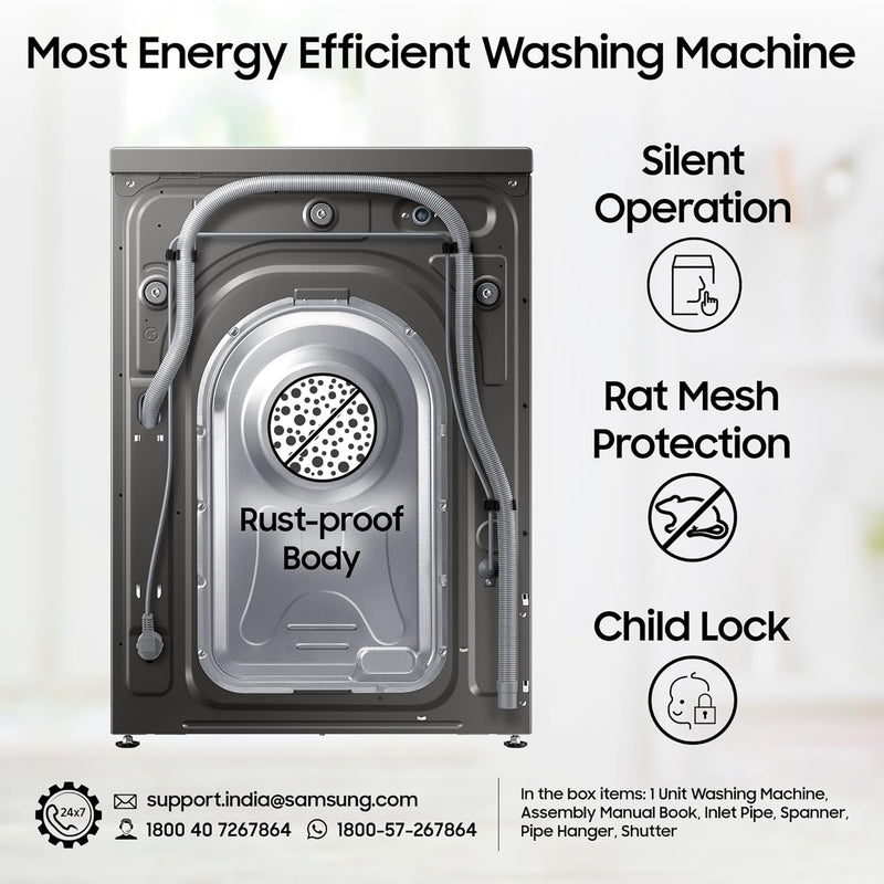 Samsung 7 kg, 5 Star, AI Control, Wi-Fi, Digital Inverter, Motor, Fully-Automatic Front Load Washing Machine (WW70T502NAN1TL, Hygiene Steam, Inox)