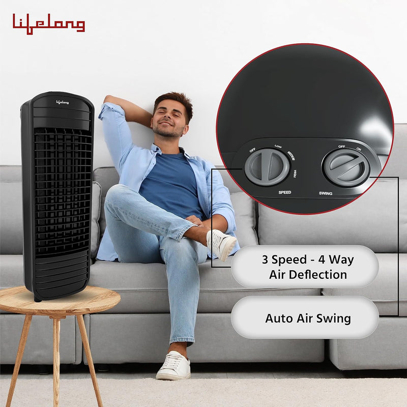 Lifelong LLTWF902 Tower Fan with 25 Feet Air throw | For Home, Kitchen, Shop and Office | 3 Speed Settings | 4 Way Air Deflection | Anti Rust Body (Black) | Brand New Seal Packed