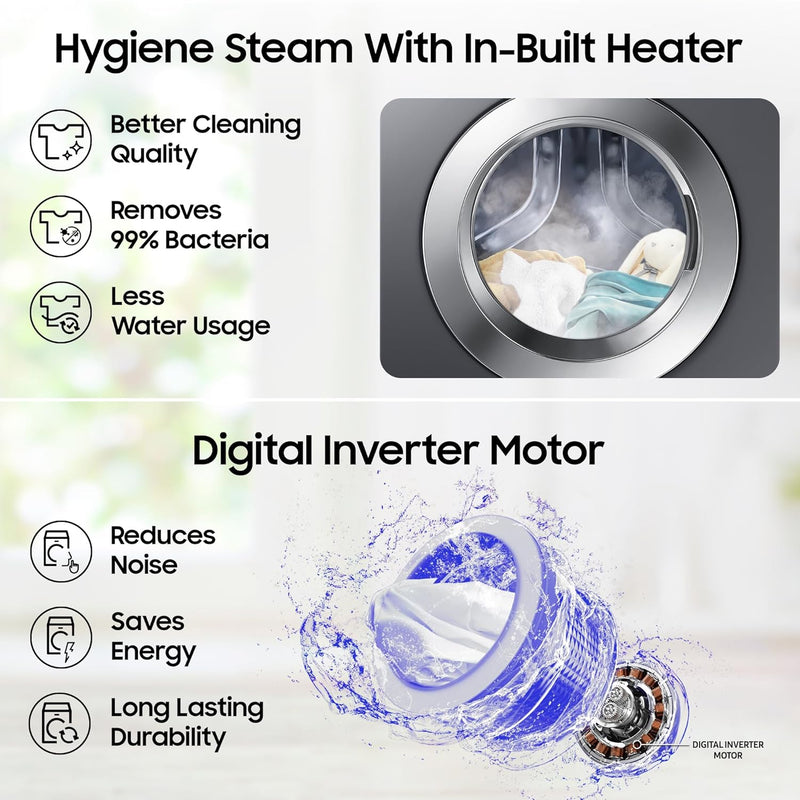 Samsung 7 kg, 5 Star, AI Control, Wi-Fi, Digital Inverter, Motor, Fully-Automatic Front Load Washing Machine (WW70T502NAN1TL, Hygiene Steam, Inox)