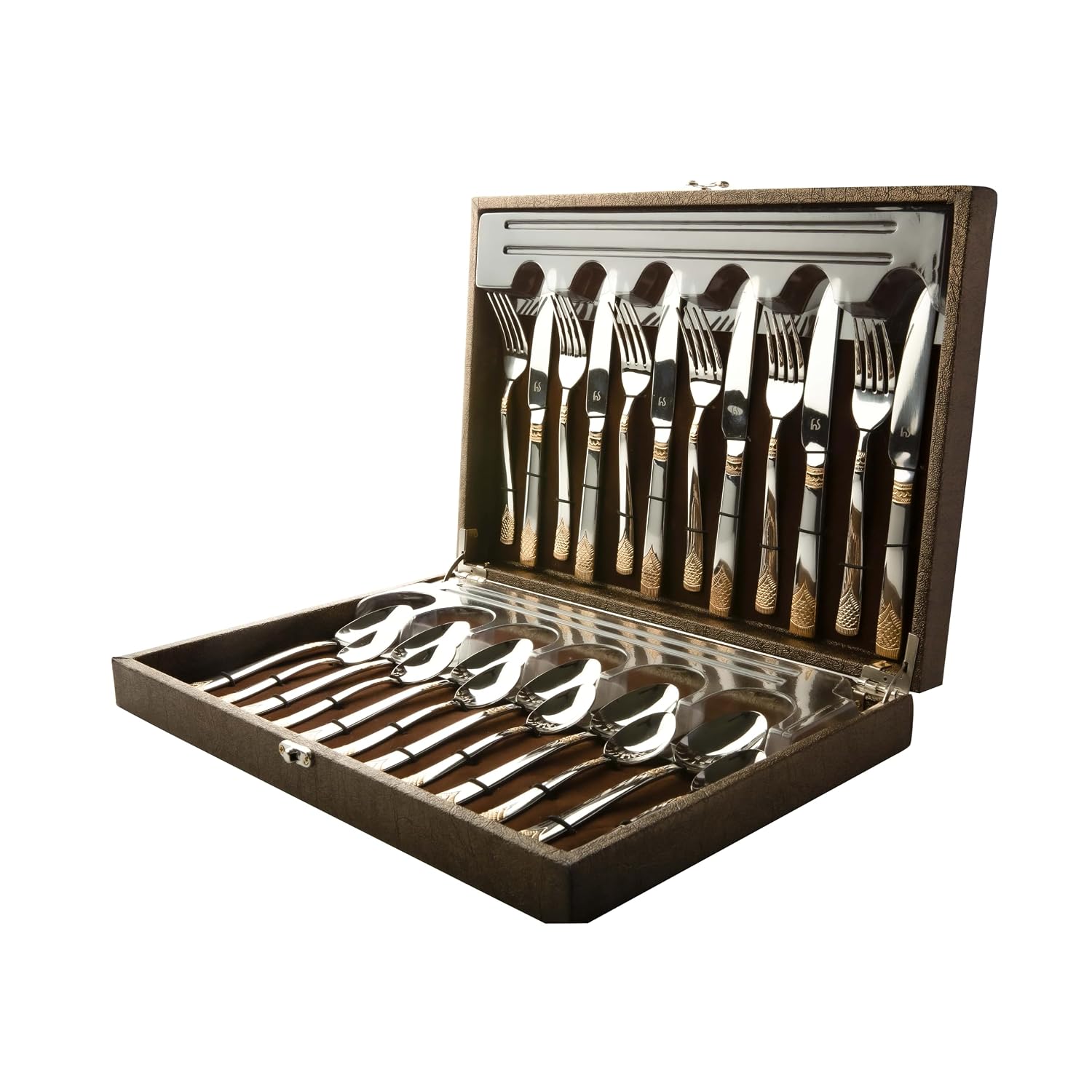 FnS Victoria 24 Pieces Stainless Steel Cutlery Set with Leatherette Gift Box | 6 Pieces Each Dinner Spoons, Dinner Forks, Tea Spoons & Butter Knives | Round Handle Flatware Set