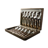 FnS Illumina 24 Pieces Stainless Steel Cutlery Set with Leatherette Gift Box | 6 Pieces Each Dinner Spoons, Dinner Forks, Tea Spoons & Butter Knives | Round Handle Flatware Set