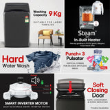 LG 9 Kg, 5 Star, Smart Inverter Technology, In-built heater with Steam, Fully Automatic Top Load Washing Machine (T90VBMB1S, Turbodrum, Stain Clean, LED Display, Smart Diagnosis, Middle Black)