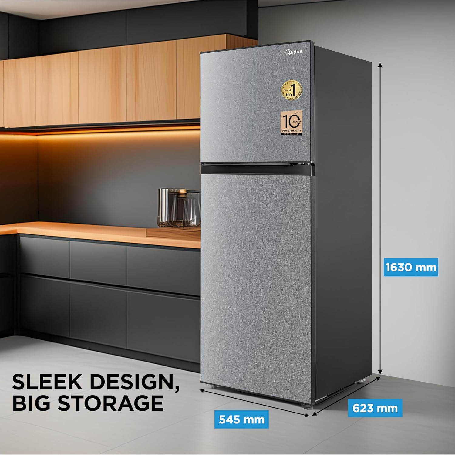 Midea 253 L,2 Star Frost Free Double Door Refrigerator with real Inverter Compressor, Deo Fresh TechnologyEnergy Efficient, Stabilizer Free Operation,Adjustable Shelves (MDRT350FGI50, Crystal Silver)