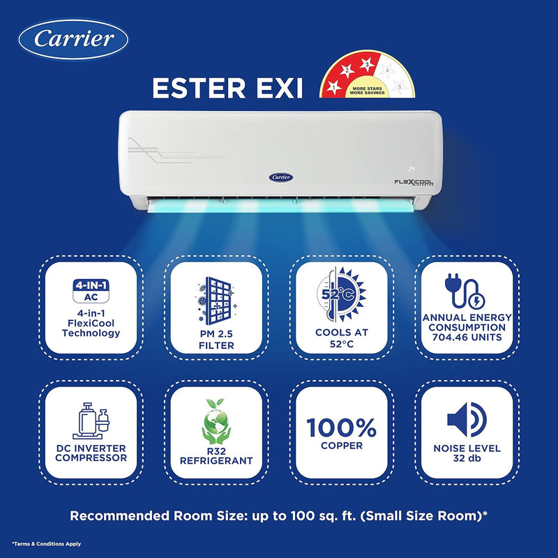 Carrier 1 Ton 3 Star AI Flexicool Inverter Split AC (Copper, Convertible 4-in-1 Cooling,Dual Filtration with HD & PM 2.5 Filter, Auto Cleanser, 2023 Model,ESTER Exi - CAI12ER3R33F0,White)