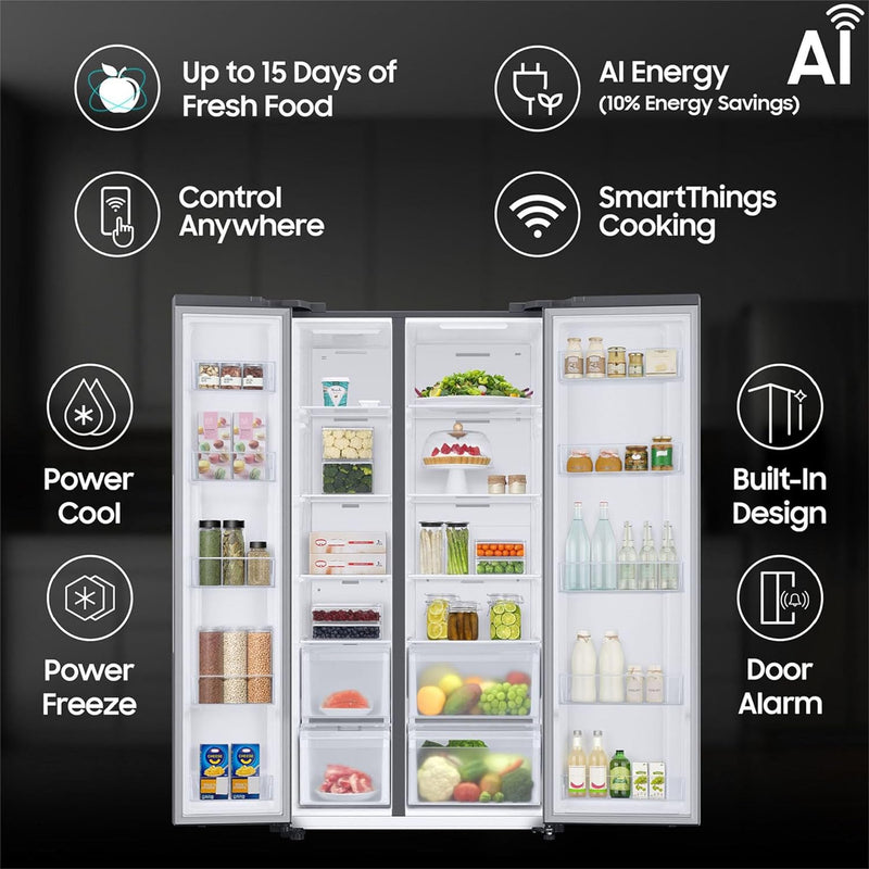 Samsung 653 L 3 Star Frost Free Double Door Convertible 5in1 Digital Inverter Side By Side AI Enabled Smart Refrigerator with WiFi RS76CG8003S9HL Silver Refined Inox 2024 Model