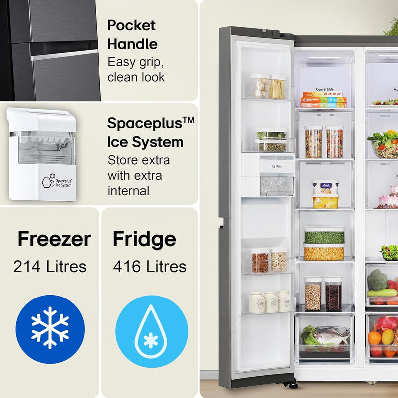 LG 630 L, 3 Star, Frost-Free, Double Door, Door Cooling+, Hygiene Fresh+, Smart Inverter, Wi-Fi Convertible Side By Side Refrigerator with AI ThinQ (GL-L257CMC3, Matt Black, Ice & Water Dispenser)