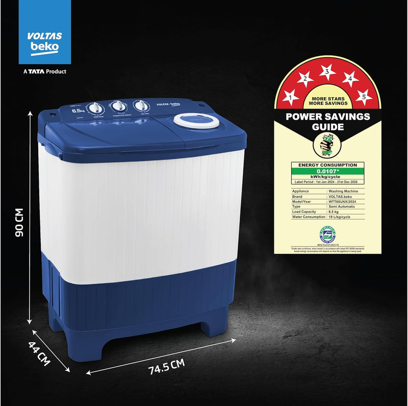 Voltas beko, A Tata Product 7.5 kg Semi-Automatic Top Load Single Tub Washing Machine (WST75UC/BLSSWH2PTD, Blue, Pulsator wash method)