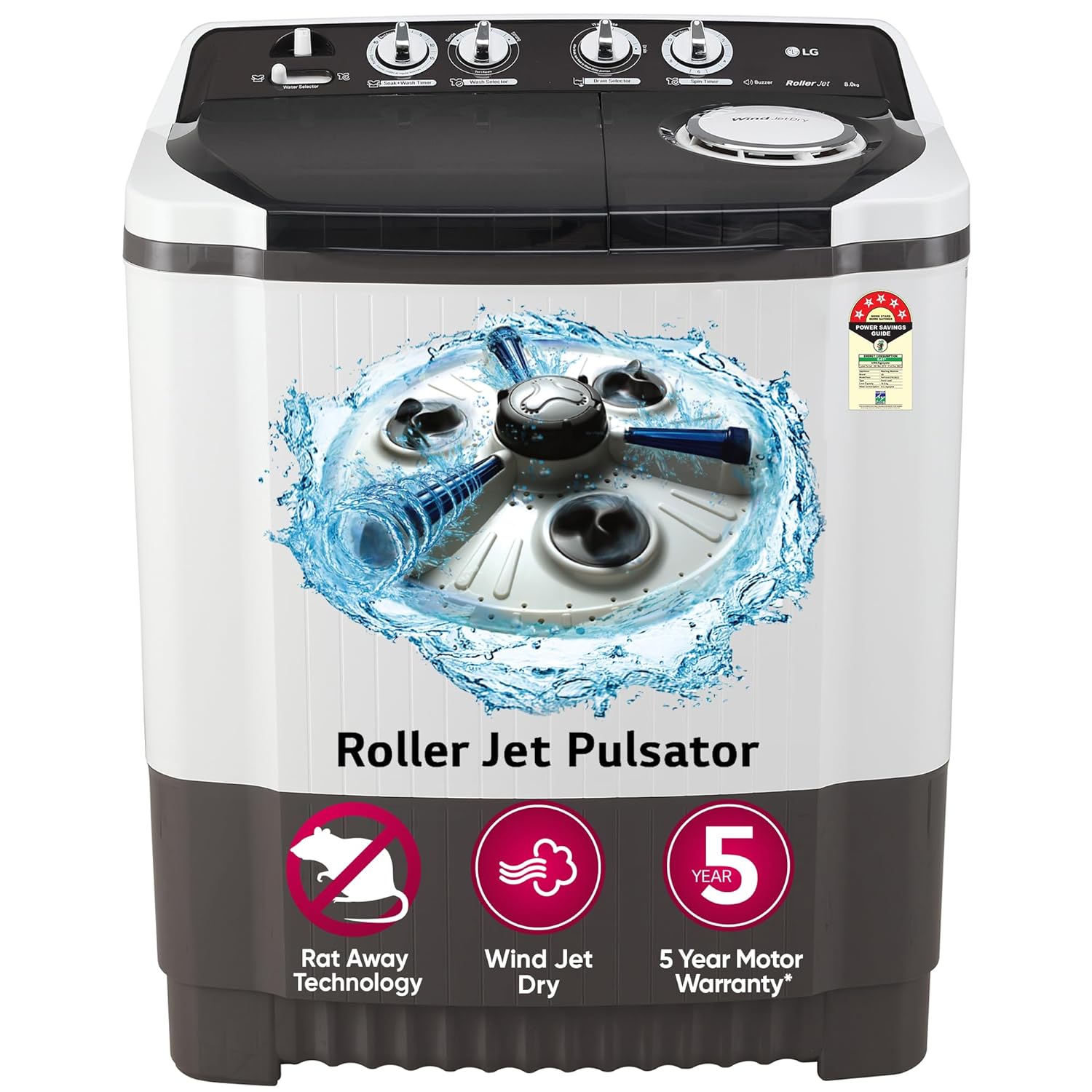 LG 8.0 Kg 5 Star Semi-Automatic Top Loading Washing Machine with Roller Jet Pulsator, Wind Jet Dry, Soak & Rat Away Technology (P8030SGAZ, Collar Scrubber & Rust Free Plastic Base, Dark Gray)