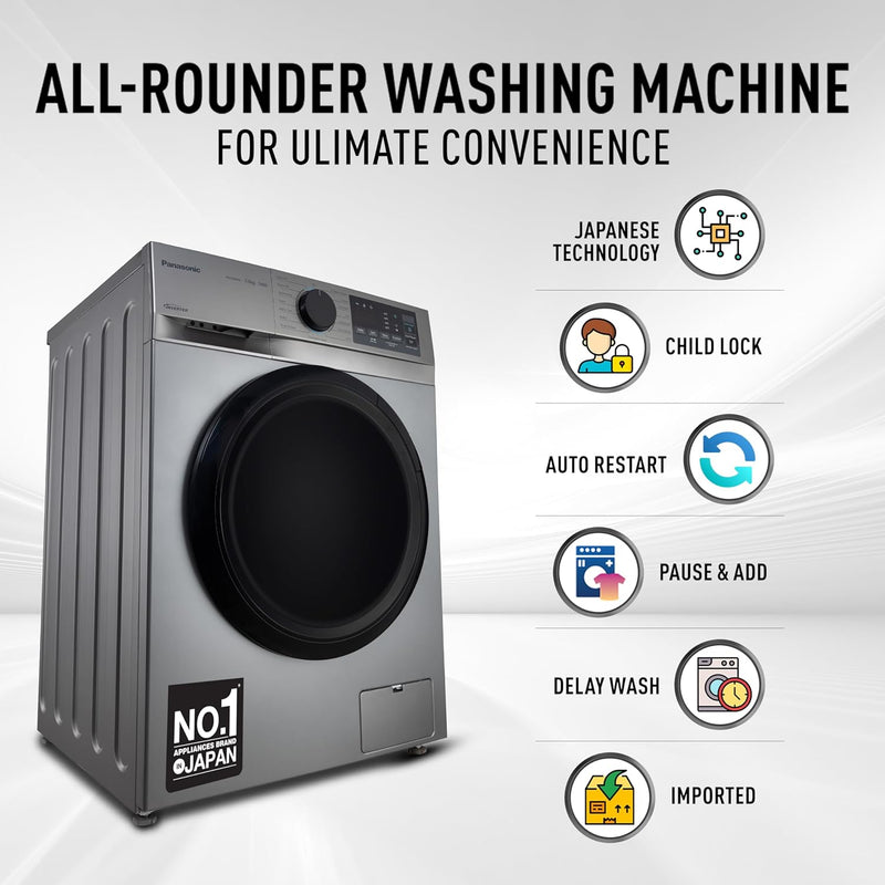 Panasonic 7 kg 5 Star Inverter Fully Automatic Front Loading Washing Machine with Built-In Heater (NA-147MH2L01, Dark Silver)