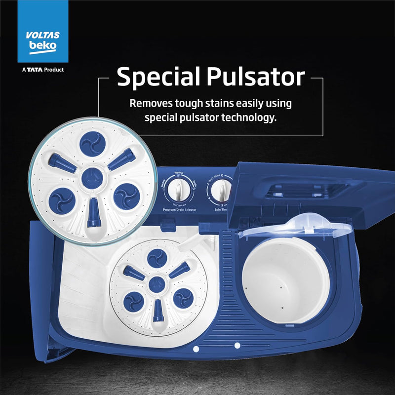 Voltas beko, A Tata Product 7.5 kg Semi-Automatic Top Load Single Tub Washing Machine (WST75UC/BLSSWH2PTD, Blue, Pulsator wash method)