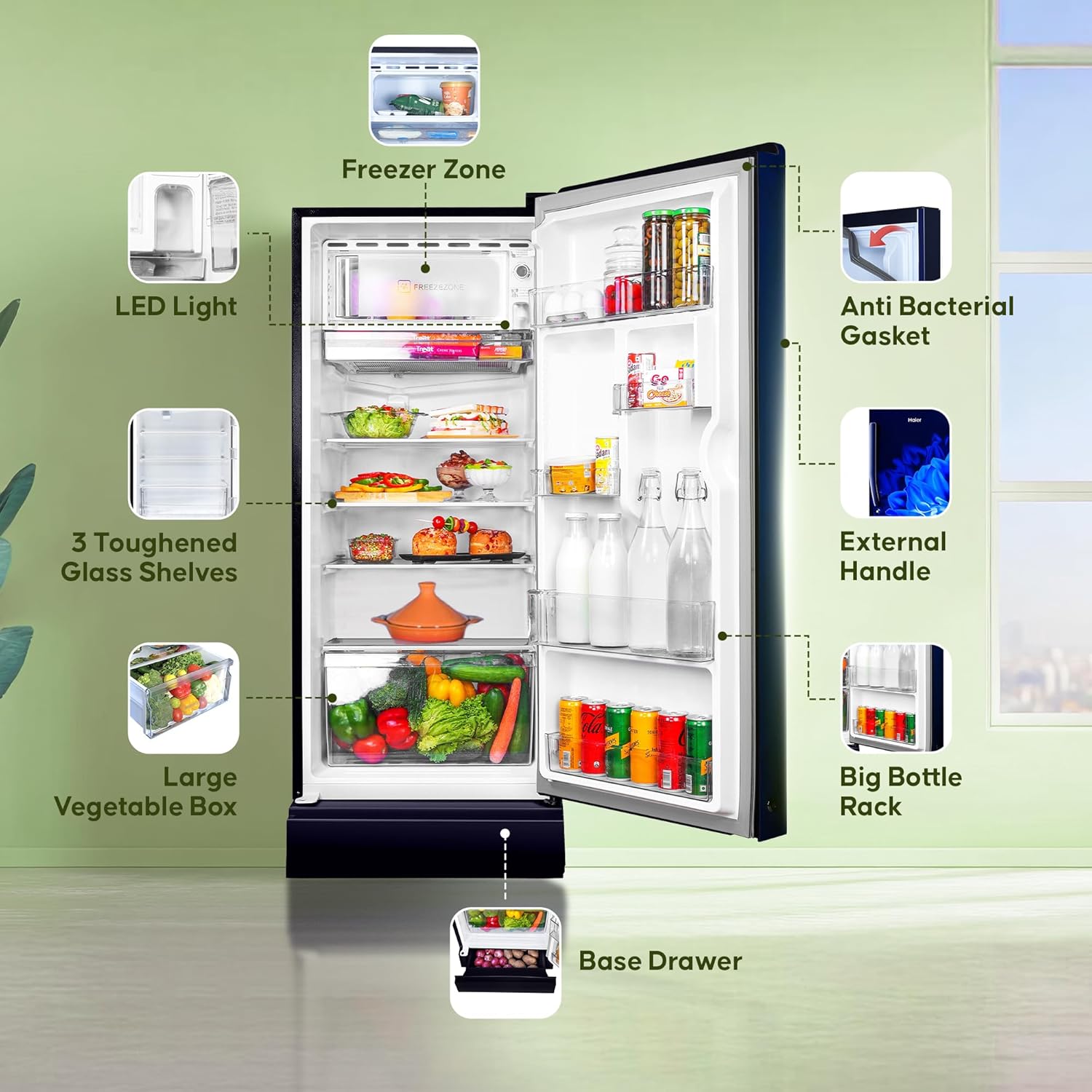 Haier 190L 5 Star Direct Cool Single Door Refrigerator | 3 Toughened Glass Shelves | Fast Ice Making in Just 60 minutes | Large Veg Box| Easy Clean Back (HED-205MDB-P, Marine Dahelia, Base Stand)