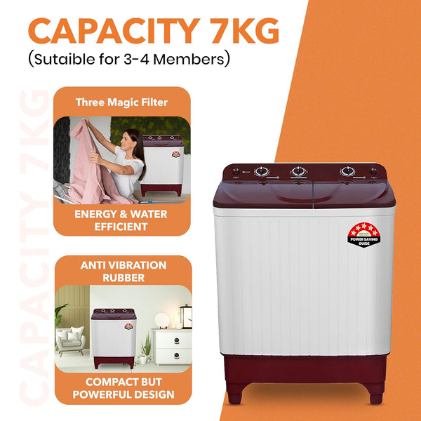 Power Guard 7 kg 5 Star Semi-Automatic Top Loading Washing Machine Appliance (2024 Model,PG70WM-BG-OP, Burgundy, Powerful Motor, Effective Wash Pulsator,Air Turbo Drying,1380 RPM & Castors)