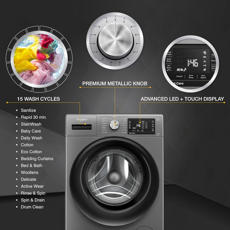 Whirlpool 8 Kg 5 Star Inverter Front Load Fully Automatic Washing Machine with In-Built Heater (XS8014BYM52E, MidNight Grey, Steam Technology, 100+ Tough Stains, 6th Sense Soft Move, 2024 Model)