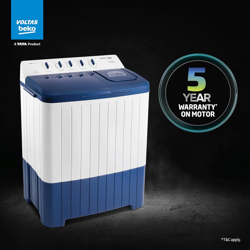 Voltas Beko, A Tata Product 8.5 Kg 5 Star Semi-Automatic Top Loading Washing Machine (2024 Model, WTT85UHA/OK5I0I0W01, Blue, Air Dry & Pulsator wash technology)