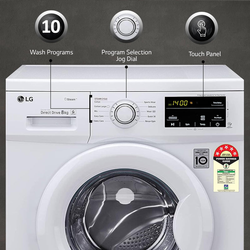 LG 8 Kg, 5 Star, Direct Drive Technology, Steam Wash, 6 motion DD, Smart Diagnosis, Fully Automatic Front Load Washing Machine (FHM1408BDW, Allergy Care, In-Built Heater, Touch Panel, White)