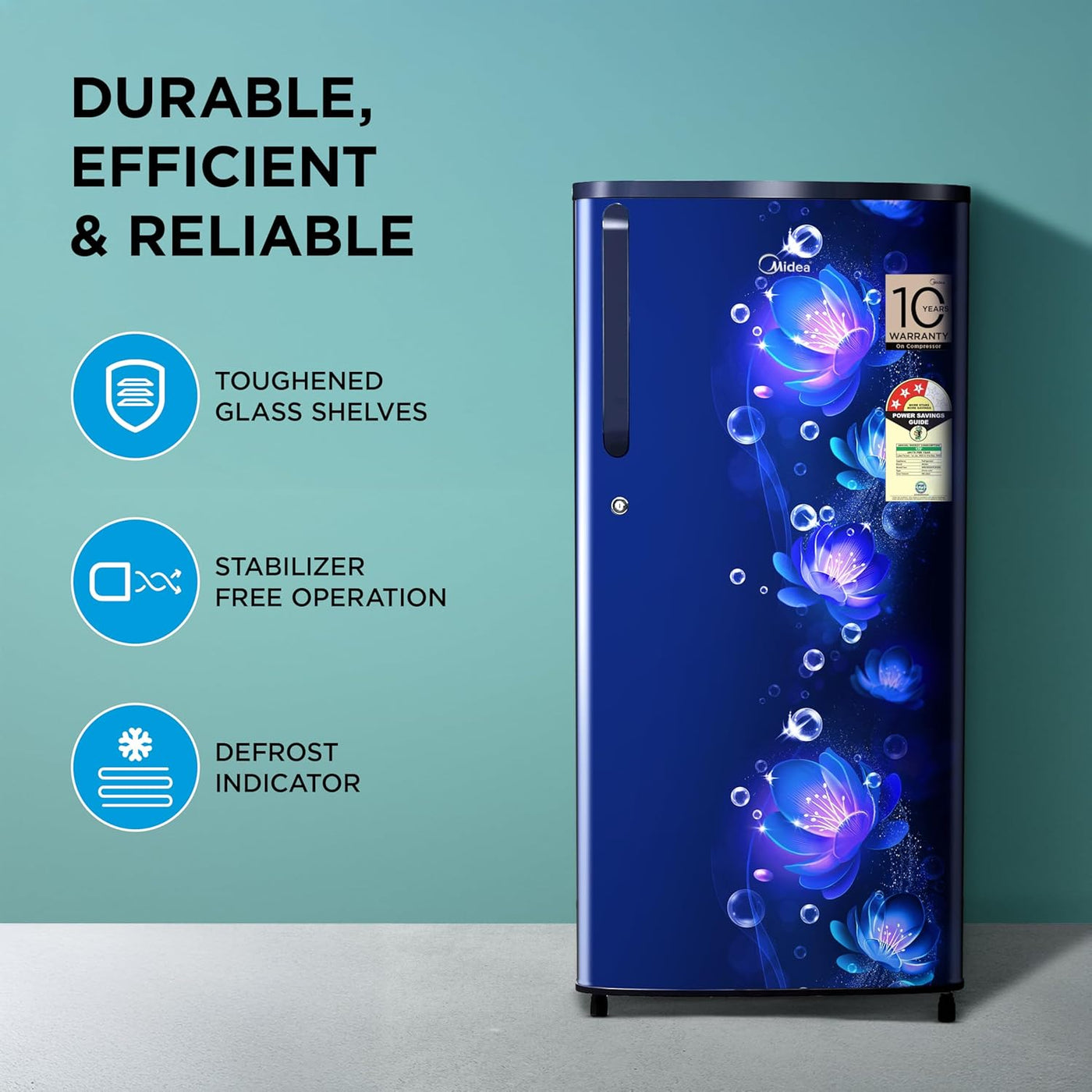 Midea 190L Direct Cool Refrigerator | 2 Star, Stylish Blue Flower