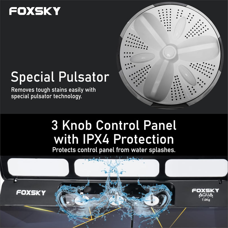 Foxsky 7.0 kg 5 Star Semi-Automatic Top Loading Washing Machine Appliance (2024 Model, Powerful Motor, Effective Wash Pulsator, 1370 RPM & Castors)(Aqua Wash 7.0KG)