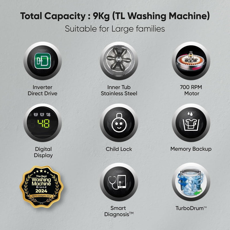 LG 9 Kg 5 Star Inverter Fully-Automatic Top Load Washing Machine (THD09NPF, Middle Free Silver, AIDD Technology)