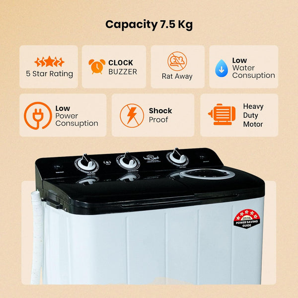 Power Guard 7.5 kg 5 Star Semi-Automatic Top Loading Washing Machine Appliance (2024 Model,PG75WM-BK-OP, Black, Powerful Motor, Effective Wash Pulsator,1400 RPM & Castors)