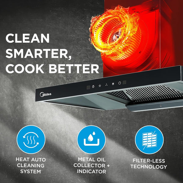 Midea 90 cm 1400 m3/hr Filter-less, Autoclean, Motion Sensor, T Shape kitchen Chimney with 2 Yrs Product and 10 Yrs Motor Warranty, Free Installation Kit (Falcon Auto Clean), Black