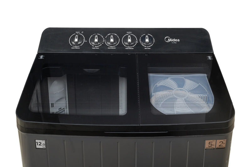Midea Washing Machine Twin Tub 12 Kg, See Through Glass Lid, Soft CloseMWMSA120GPG(KG)