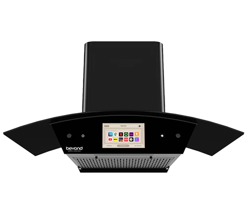 Beyond Appliances Asteria 90cm BLDC Auto Clean Kitchen Chimney | 1408 CMH Suction | Filterless | Curved Glass | Smart Screen & Speakers | Touch Control | Black(BASE-CA90-IF-001)