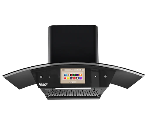 Beyond Appliances Asteria 90cm BLDC Auto Clean Kitchen Chimney | 1408 CMH Suction | Filterless | Curved Glass | Smart Screen & Speakers | Touch Control | Black(BASE-CA90-IF-001)