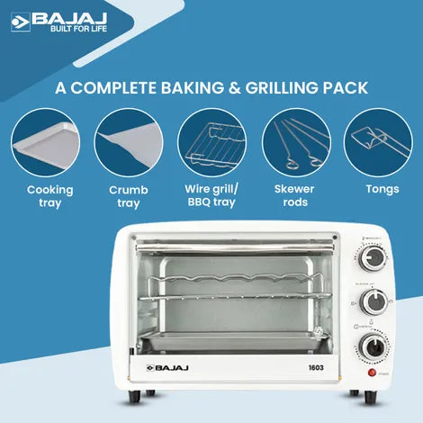 Bajaj 1603T 16 Litres Oven Toaster Grill (16L OTG) With Baking & Grilling Accessories,1200 W,Oven For Kitchen With Transparent Glass Door,White
