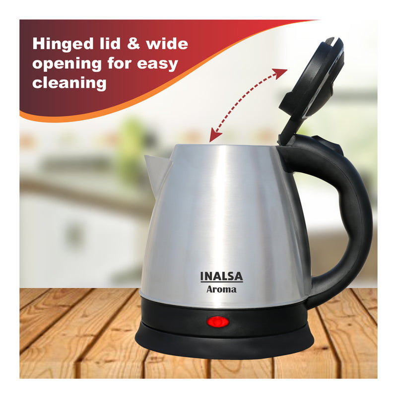 Inalsa Aroma Kwik 1.5L 1350W Stainless Steel Electric Kettle, 360 Degree Cordless Base, Silver