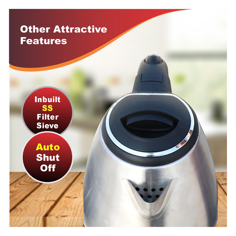 Inalsa Aroma Kwik 1.5L 1350W Stainless Steel Electric Kettle, 360 Degree Cordless Base, Silver