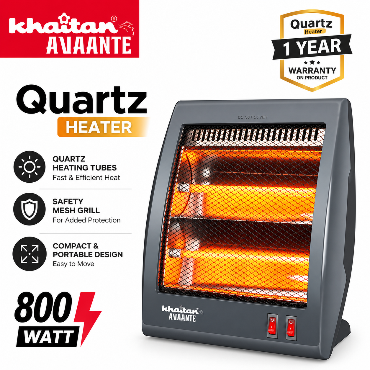 Khaitan Orfin KO-2010 800 Watt 2-Rod Halogen Room Heater