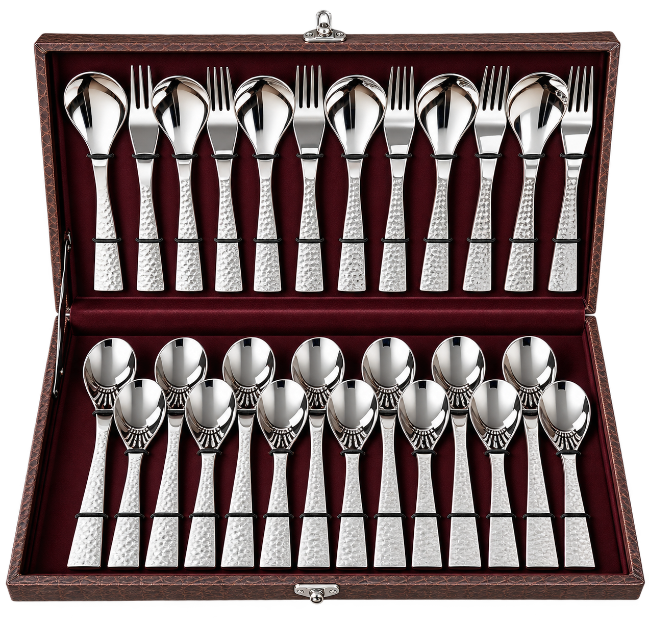 FnS Illumina 24 Pieces Stainless Steel Cutlery Set with Leatherette Gift Box | 6 Pieces Each Dinner Spoons, Dinner Forks, Tea Spoons & Butter Knives | Round Handle Flatware Set