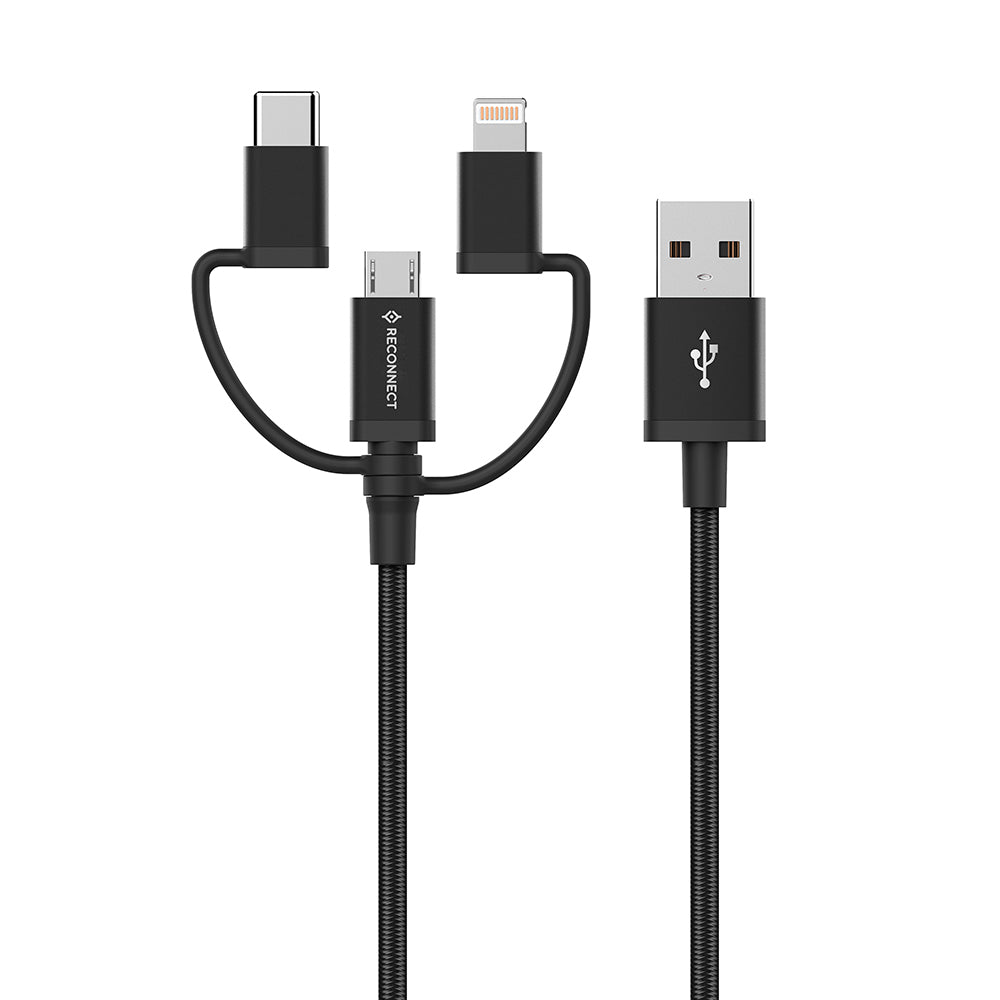 Reconnect RAACG1001 1 m 3-in-1 USB-A to Micro USB, Type-C, MFi Certified Lightning Cable, Black