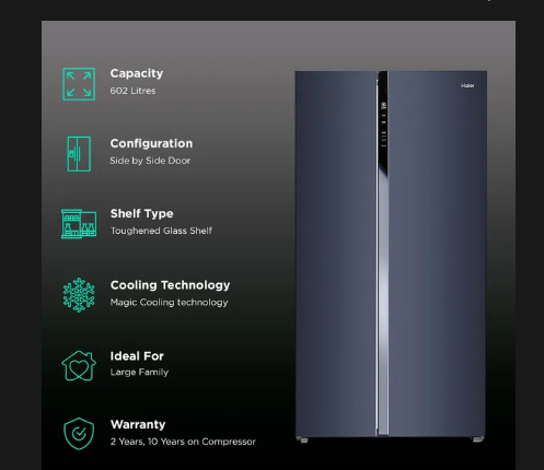 Haier Side By Side Refrigerator 602 Litres 3 Star Inverter HRS-682GKU1 Graphite Black