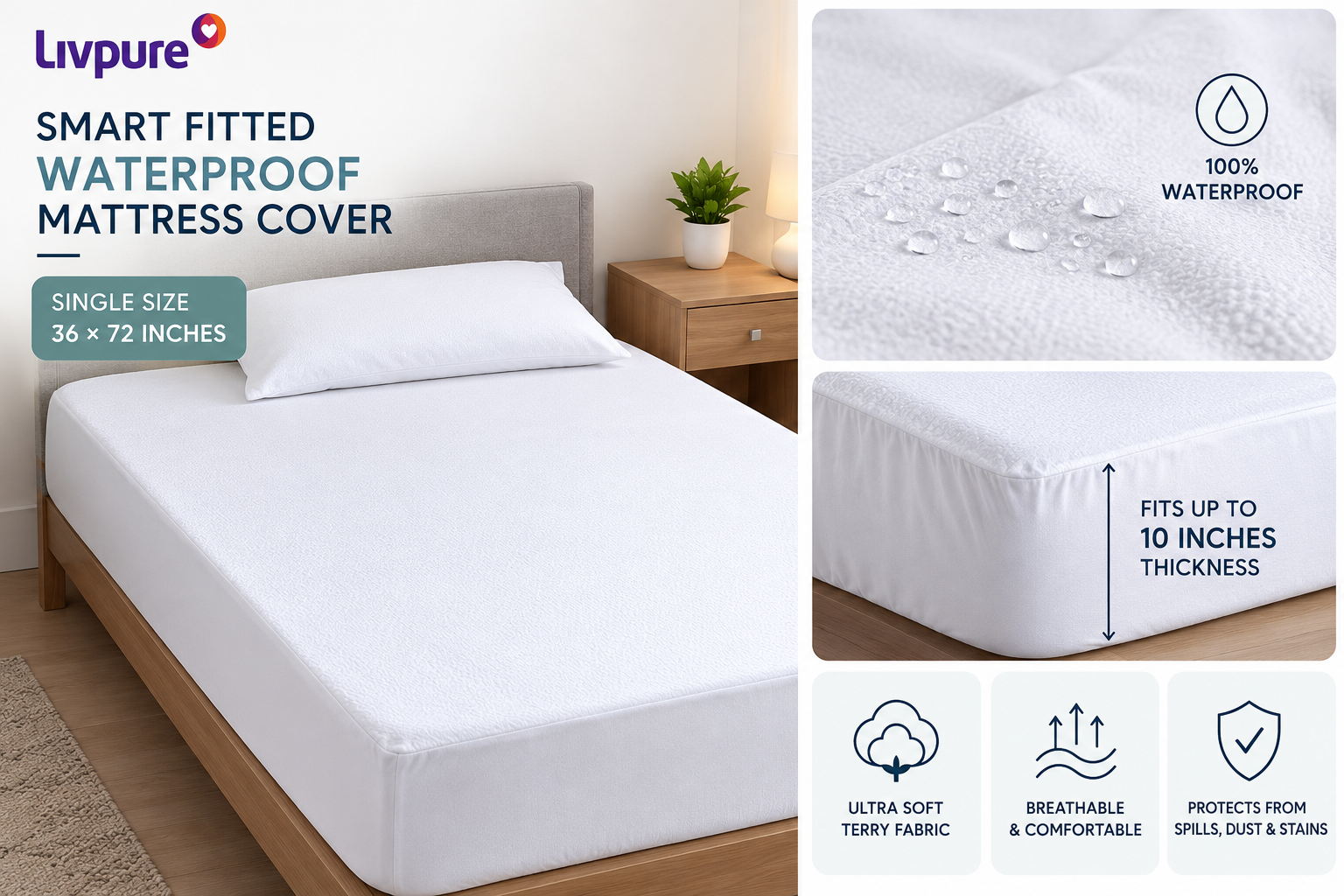 Livpure Smart Fitted Single Size Waterproof Mattress Cover