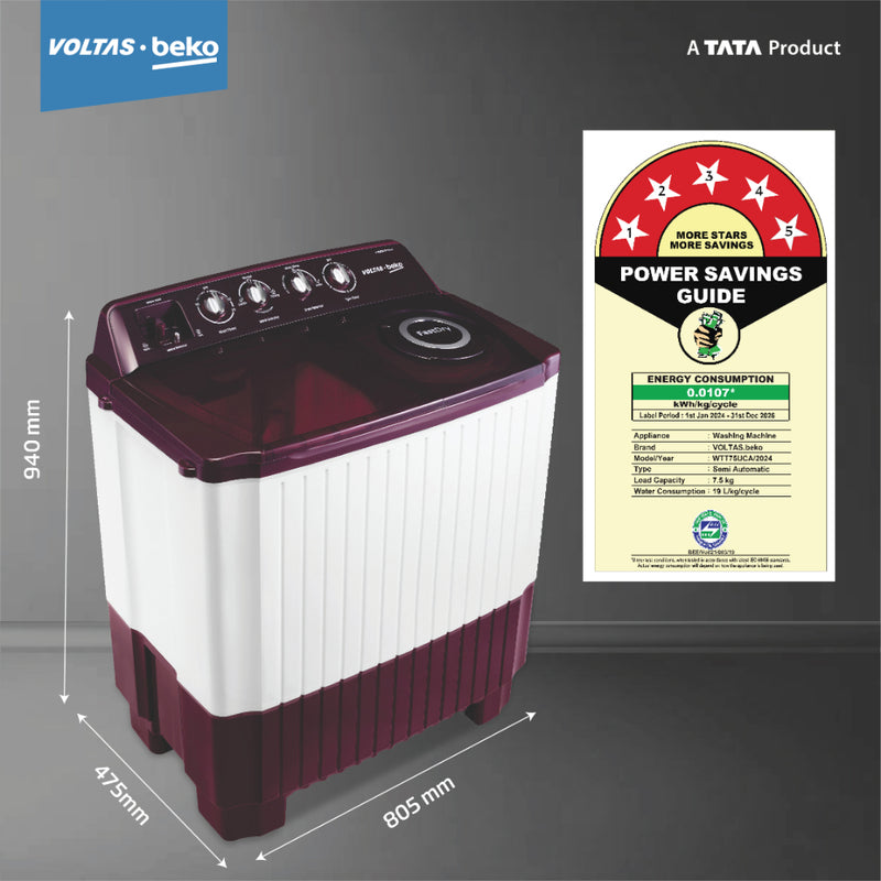 Voltas Beko 7.5 kg Semi Automatic Top Load Washing Machine, Burgundy, BRSSWH4PTR0