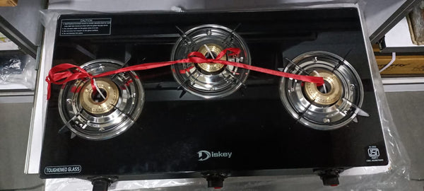 Diskey Glass Top  Gas Stove Mild Steel Body 3 Burner DREAM-3B-TG-8200