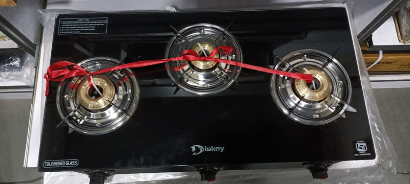 Diskey Glass Top  Gas Stove Mild Steel Body 3 Burner DREAM-3B-TG-8200